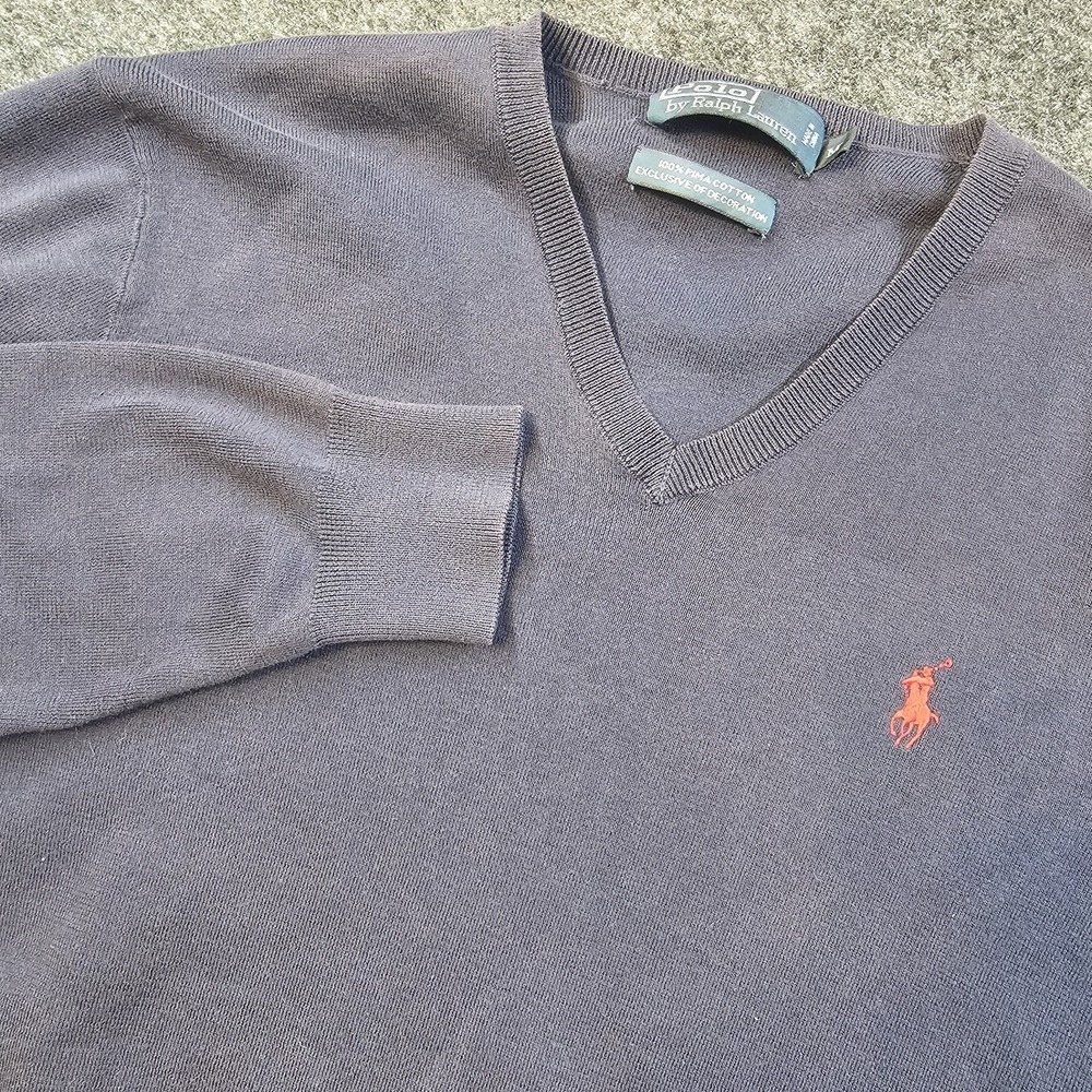 Polo Ralph Lauren Mens Small V-Neck Pima Cotton Sweater Navy Preppy Classic Core